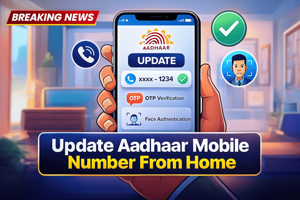 Aadhaar app on a smartphone showing online mobile number update option with OTP and face authentication.
