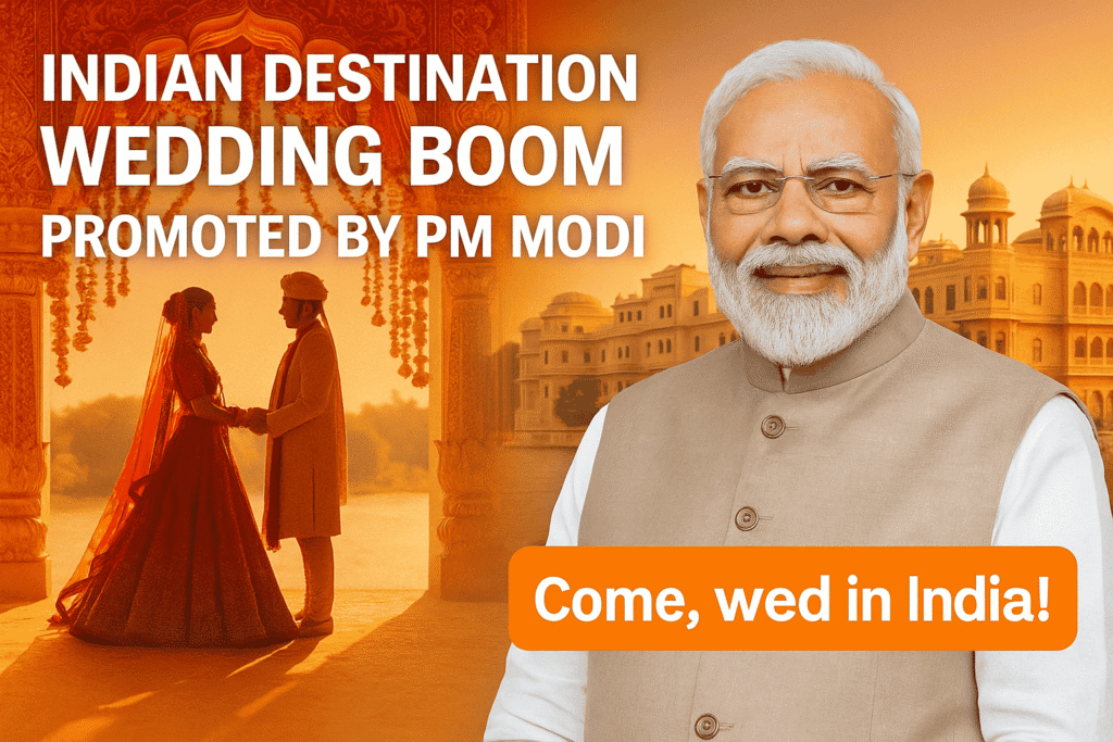 PM Narendra Modi with an Indian destination wedding backdrop, promoting the “Come, wed in India!” campaign to support local tourism and businesses.